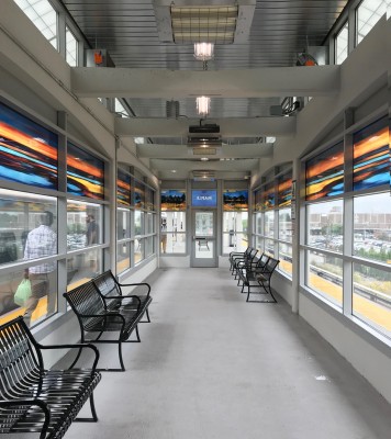 Hicksville Station, Waiting Room 1, Maple, art glass, (total length 50 ft), installed 2018, commissioned by MTA Arts & Design