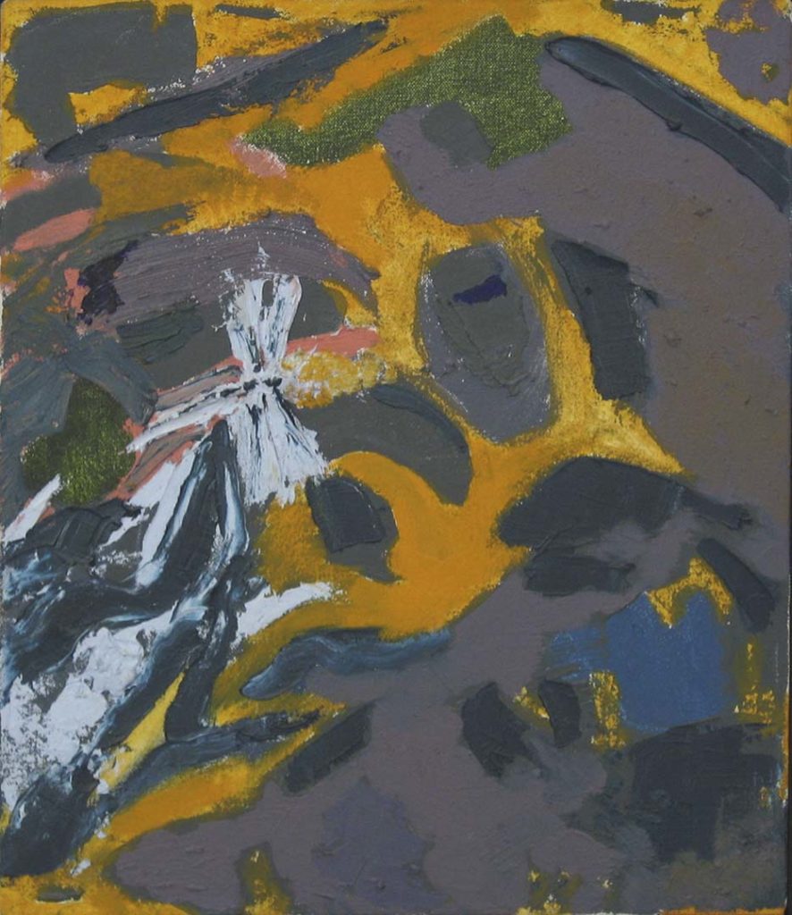 Roy Nicholson, Pond (38) (Odonata) 1989, oil on canvas with dragon fly, 14 x 12 inches.