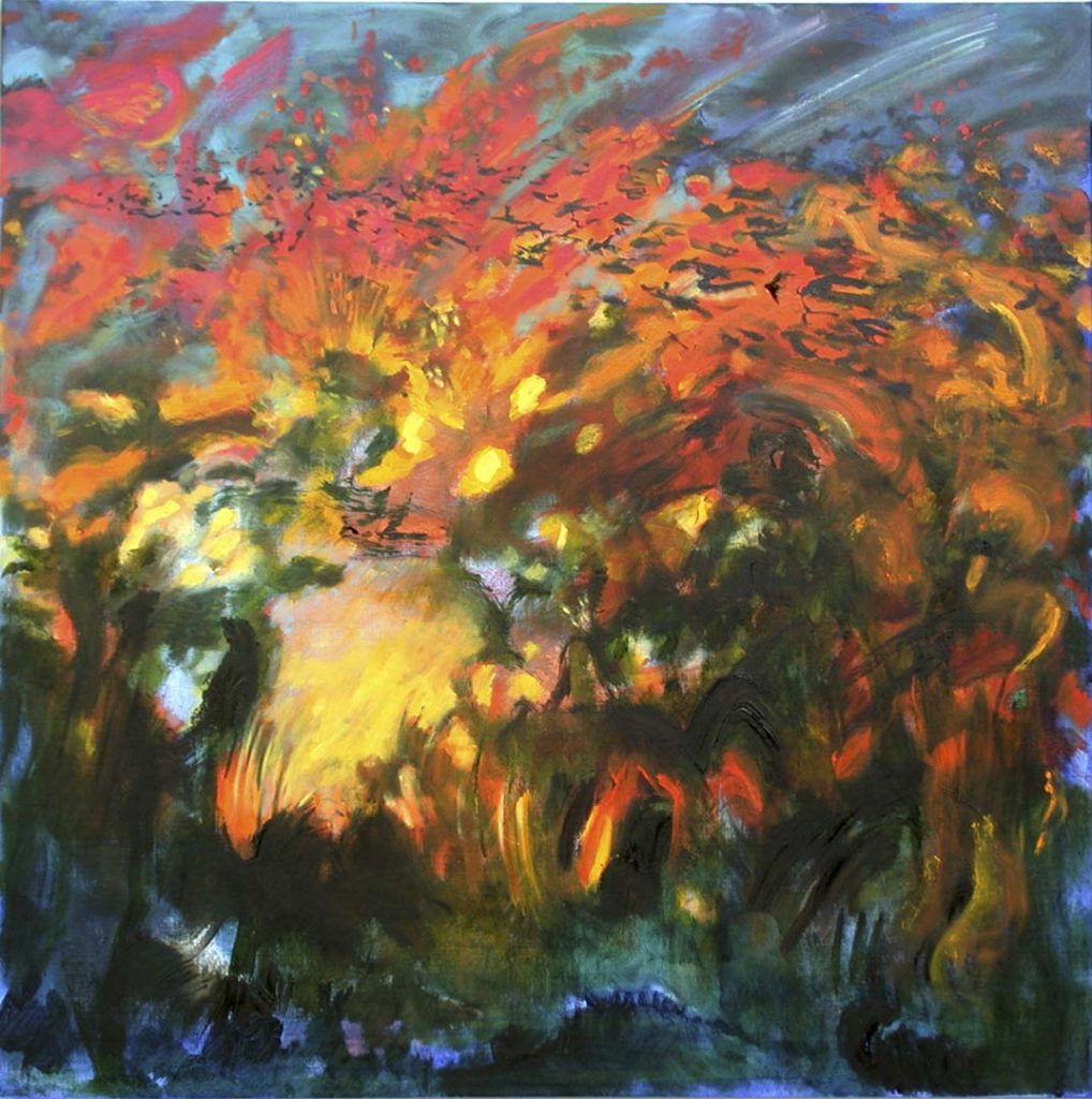 Roy Nicholson, E,L’s Gloaming #32, 2005, acrylic, oil and collage on linen, 48 x 48 inches.